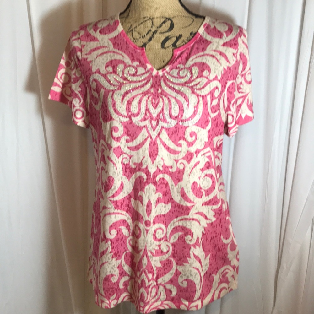 🆕 Pink White Damask Burnout Embellished T-shirt